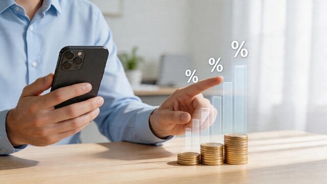 Businessman holding smartphone finger pointing at rising bar chart with percent signs floating above stacks of gold coins on wooden table financial growth profit margin increase