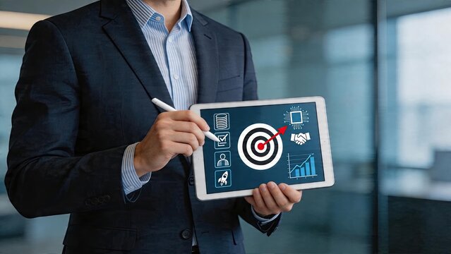 Businessman holding tablet with digital business icons targeting success growth strategy data analytics chart database rocket launch symbol handshake agreement technology in