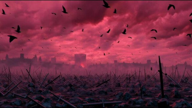 After a fierce battle, the landscape is filled with broken weapons and dark clouds. The air is heavy with the presence of crows flying above.