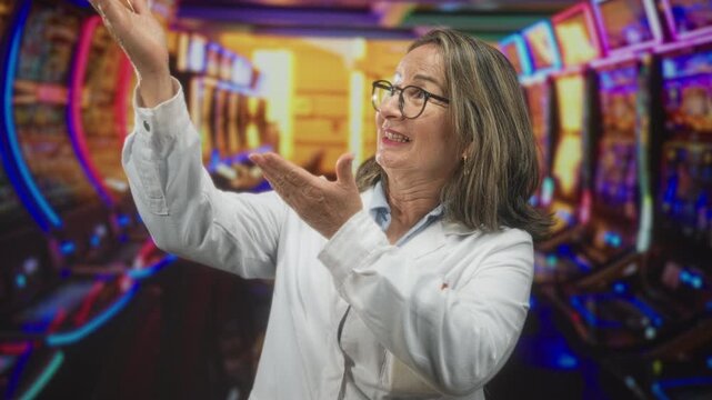 Hispanic senior woman wearing a white coat gestures with raised hands and open palm toward slot machines in a building; hopeful discovery.