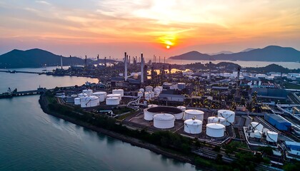Fototapeta premium Industrial harbor at sunset with storage tanks.