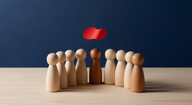 Standing out from the crowd a single red figure among wooden pegs