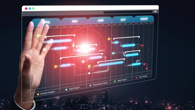 Hand Reaching Out to Digital Gantt Chart on Virtual Screen with Project Timeline for Effective Project Management and Planning in Modern Business Environment Sigmoid