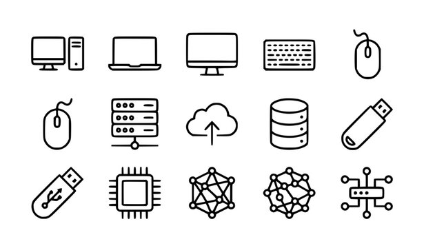 Computer icons set vector editable line art no outline open stroke technology UI symbols