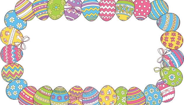 Colorful easter eggs frame with decorative patterns on white background