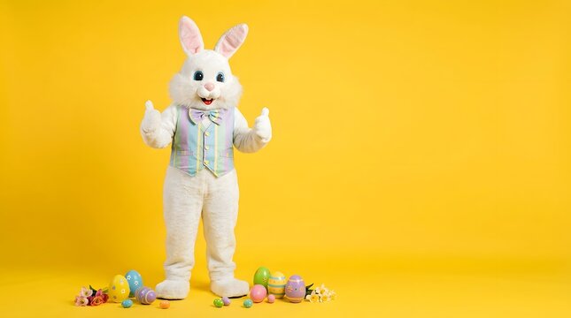 Friendly easter bunny rabbit wearing a pastel vest gives two thumbs up while standing beside colorful eggs and spring flowers