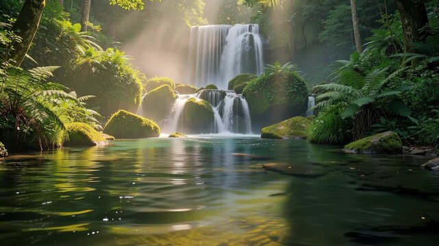 Gentle breeze rustling leaves with sunlight filtering through lush green trees in peaceful forest nature scene