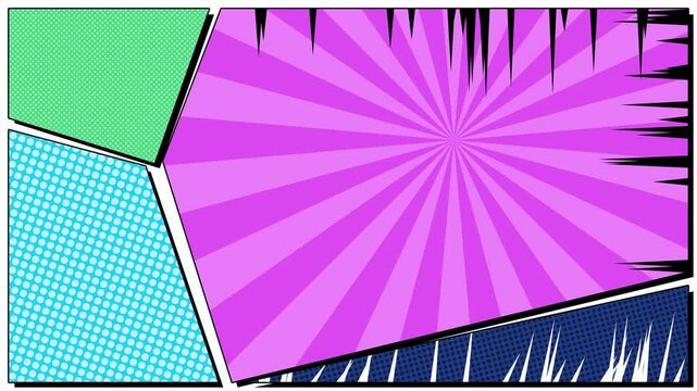 Comic Book Multi Panel Layout Transition with Pink Sunburst Background Halftone Patterns and Speed Lines for Pop Art Design