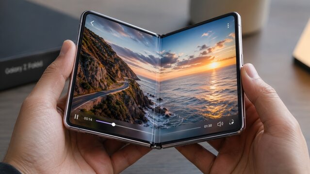 Hands holding foldable smartphone playing wide cinematic nature landscape video.