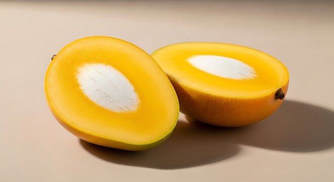 fresh halved ataulfo mango on neutral background for summer healthy lifestyle. ataulfo mango