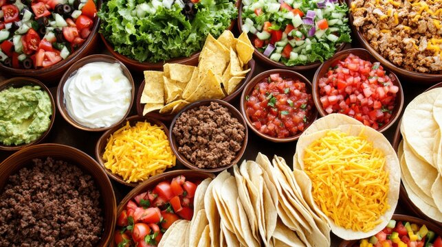 Abundant Taco Bar Setup with Diverse Fillings and Toppings