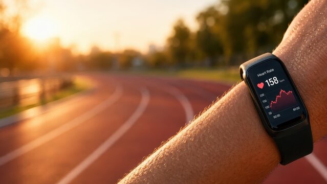 Sweaty runner arm wearing smart fitness watch displaying high heart rate.