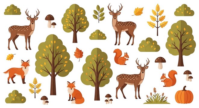 Forest autumn nature collection with deer fox squirrel and trees