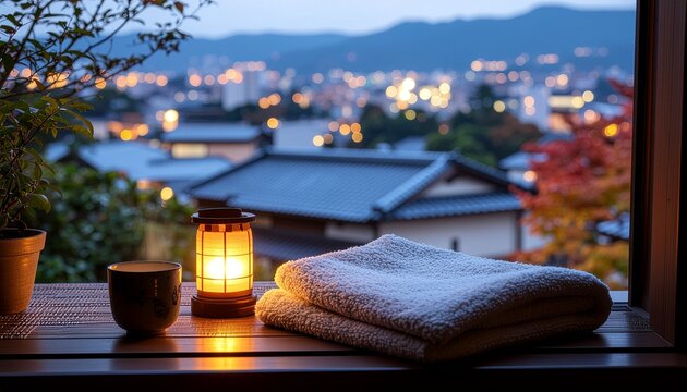 夕暮れの日本の街を望む縁側とランタンの静かなひととき