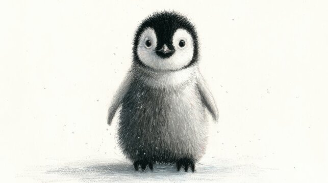 Baby Penguin Standing Upright with Soft Gray Feathers White Face Black Head Large Round Eyes Charming Lifelike Illustration