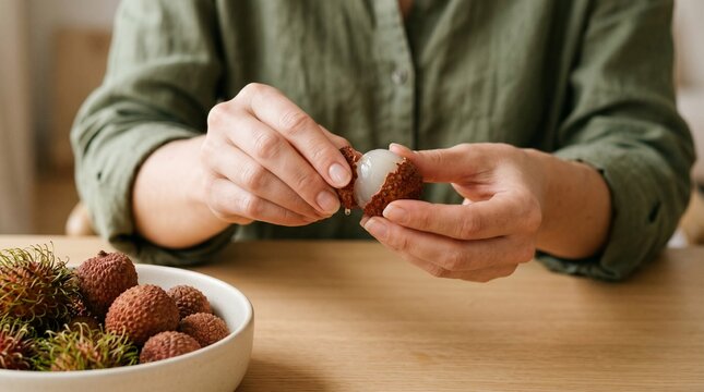 Woman peeling fresh rambutan fruit at wooden kitchen table.
