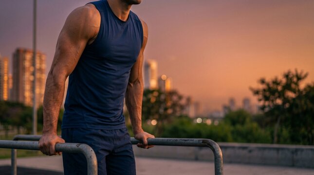 Fit man performing dips exercise during workout in the city park.