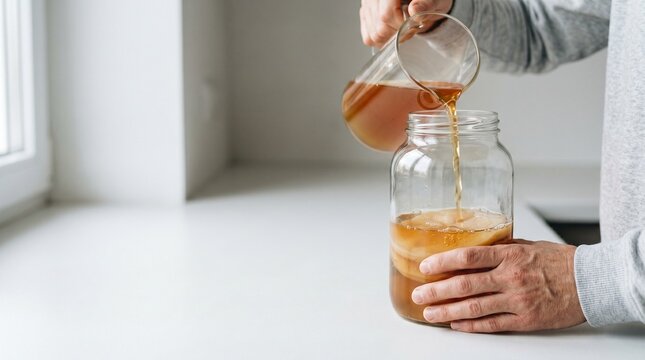 Man pouring tea into glass jar with scoby to brew kombucha at home.