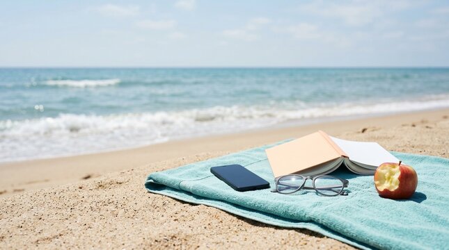 Personal items including book and smartphone on a blue towel at the sunny beach.