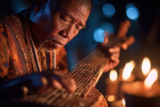 Elderly Orang Ulu musician plays traditional sape instrument