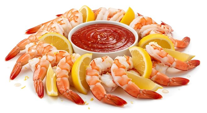 Fresh cooked shrimp cocktail platter with lemon wedges and sauce