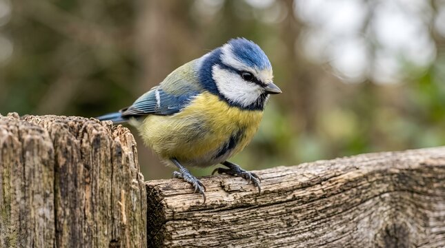Blue tit bird perched on a weathered wooden fence with garden bird small bird little bird cyanistes caeruleus bird photography textured wood depth of field cute animal european bird wildlife