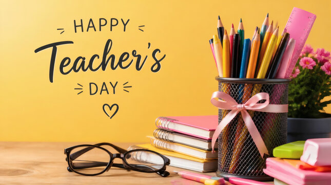 creative happy teacher s day background with vibrant school supplies colorful pens pencils and notebooks in a warm minimalist high contrast photography style for celebratory greetings and educational