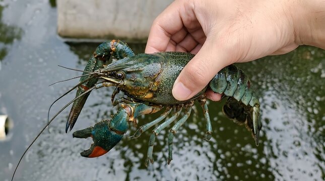 Person holding fresh redclaw crayfish at a freshwater aquaculture farm