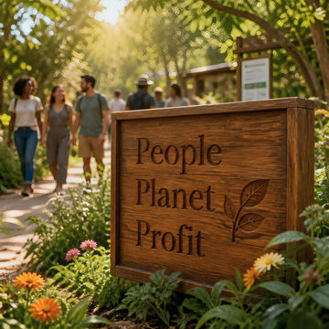sustainable business harmony diverse garden scene with engraved people planet profit box sign esg eco friendly corporate social responsibility nature meets commerce