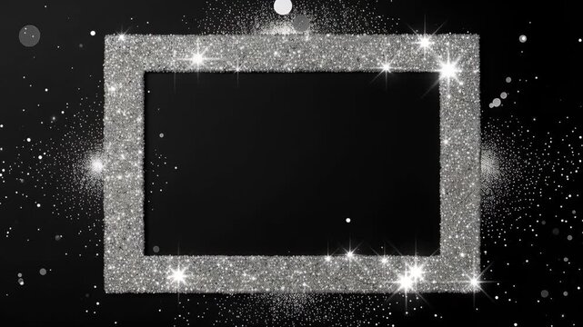 Sparkling silver glitter frame assembling on sleek black background with shimmering elegant effect