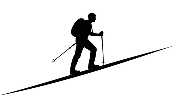 Silhouette of a male hiker with backpack and trekking poles climbing a mountain slope