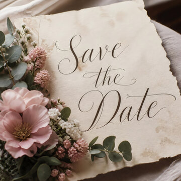 elegant save the date calligraphy on textured paper soft pink floral decorations lush greenery warm natural light shallow depth of field wedding stationery photography romantic cursive script blurred