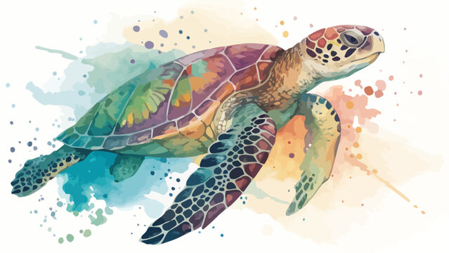 Watercolor sea turtle with colorful splashes marine life white background green turtle underwater wildlife creature illustration watercolor painting isolated colorful splashes artistic