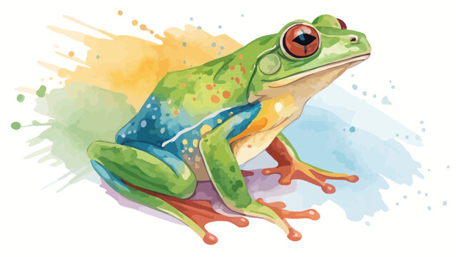 Artistic watercolor painting of a green red-eyed tree frog against a backdrop of dynamic colorful paint splatters red eyes amphibian illustration watercolor painting splatter colorful