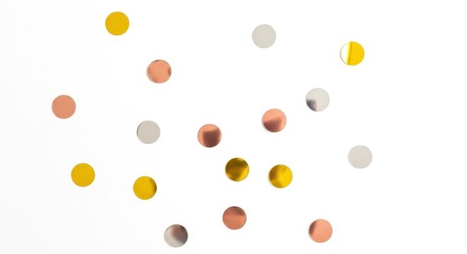 Shiny metallic confetti circles are scattered across a pure white background.