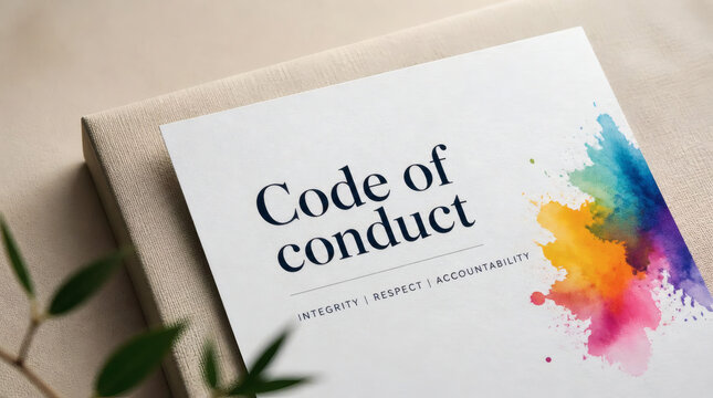 professional code of conduct concept elegant serif font on crisp white paper vibrant color splash canvas texture business ethics trust integrity corporate policy compliance sophisticated office decor