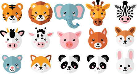 Obraz premium Set of Cute Animal Faces Icons Featuring Tiger, Lion, Elephant, Giraffe, Panda, and Other Wild Animals for Kid’s Design Projects.