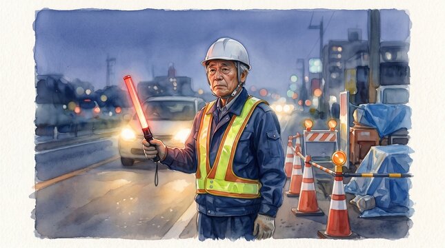 夜間の道路工事で交通誘導をする警備員の水彩画風イラスト Security guard directing traffic at night roadwork