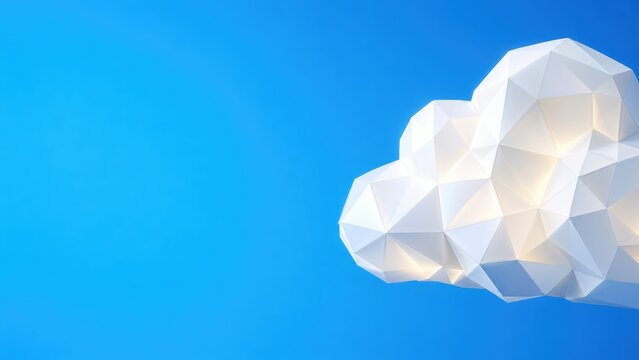 White low poly 3D geometric cloud floating in blue sky.