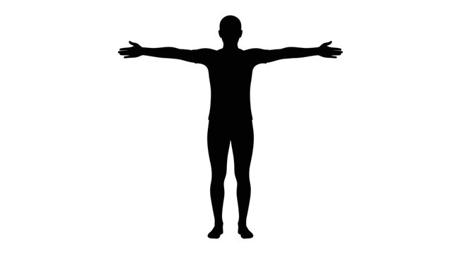 Silhouette of a man standing with arms outstretched wide open, isolated on white background