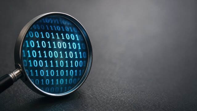Magnifying glass revealing bright blue binary code on dark surface.
