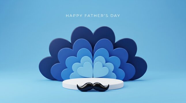 Happy Fathers Day celebration with blue hearts and mustache on a podium.