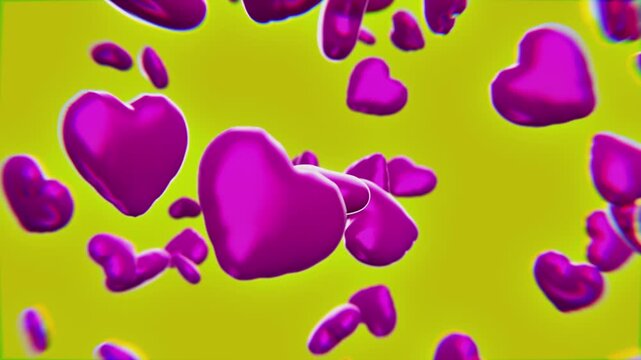 floating 3d pink valentines hearts on yellow background