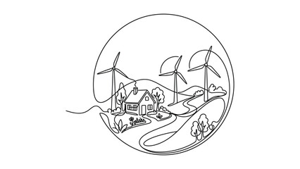 Obraz premium continuous line art Sustainable rural landscape with wind turbines.