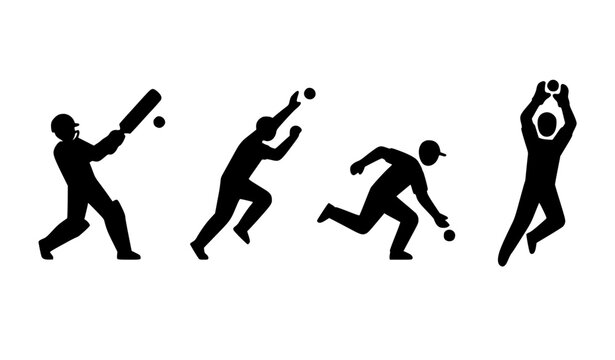 imal cricket player icon set batting bowling fielding catching simple vector illustration isolated on white background