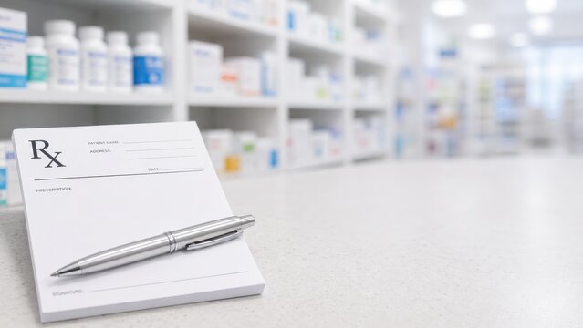 Blank medical prescription pad with silver pen on pharmacy counter.