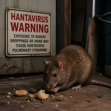 brown rat eating leftover food near hantavirus warning sign in dim studio documentary pest control rodent infestation neglected premises warm muted lighting shallow depth of field