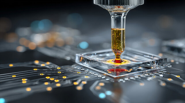 Advanced Lab-on-a-Chip Microfluidics with Liquid Flow in Micro Channels, Biomedical Science, Nanotechnology Engineering, Medical Research and Innovation Concept