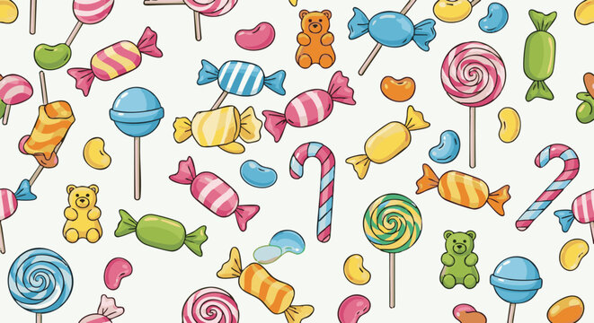 Bright colourful candy vector illustration featuring various sweet treats and delicious snacks on a white background