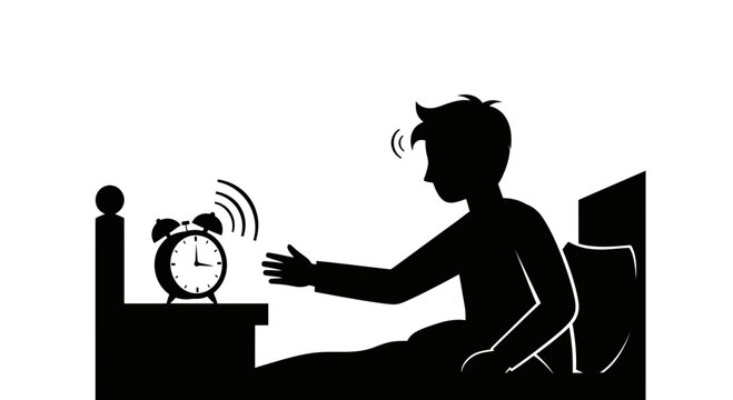 Man waking up in bed reaching for a ringing alarm clock in the morning silhouette vector illustration